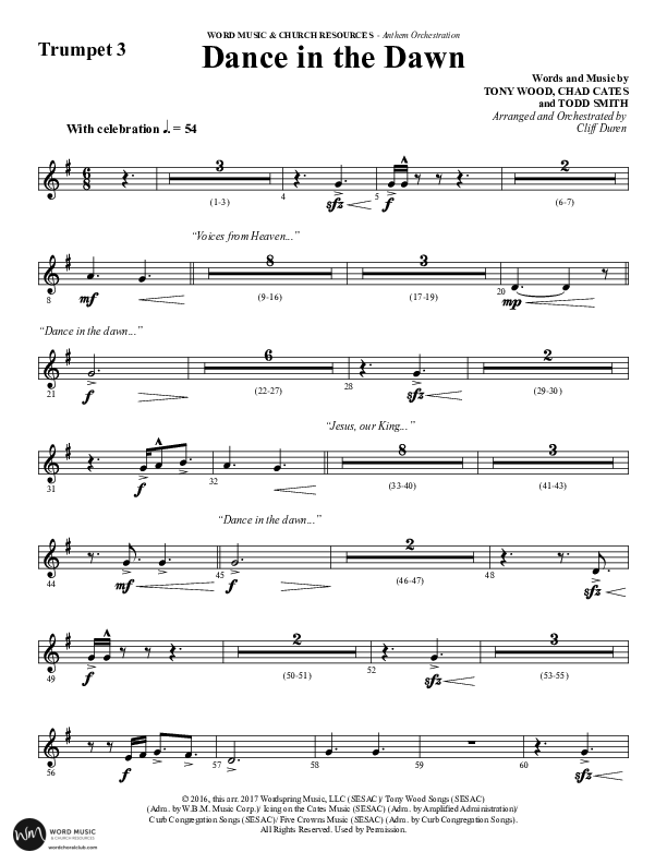 Dance In The Dawn (Choral Anthem SATB) Trumpet 3 (Word Music Choral / Arr. Cliff Duren)