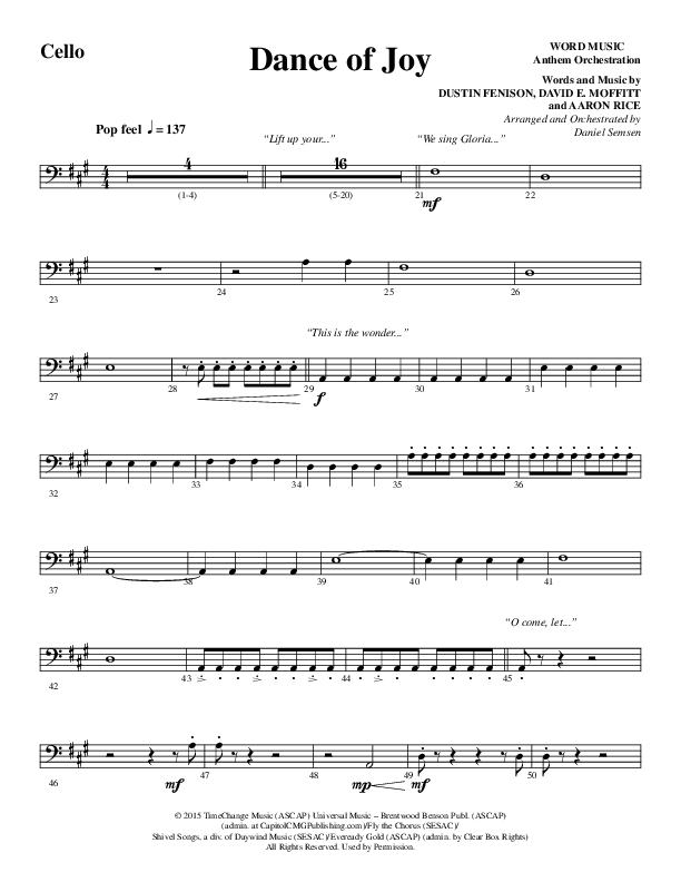 Dance Of Joy (Choral Anthem SATB) Cello (Word Music Choral / Arr. Daniel Semsen)