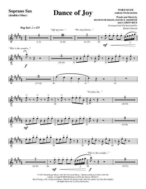 Dance Of Joy (Choral Anthem SATB) Soprano Sax (Word Music Choral / Arr. Daniel Semsen)