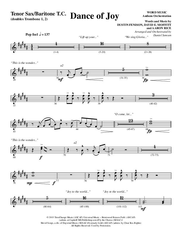 Dance Of Joy (Choral Anthem SATB) Tenor Sax/Baritone T.C. (Word Music Choral / Arr. Daniel Semsen)