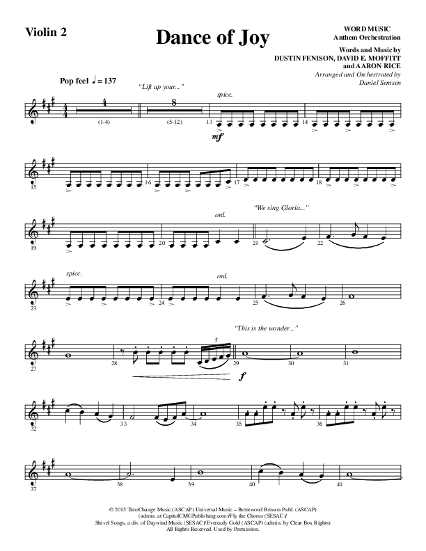Dance Of Joy (Choral Anthem SATB) Violin 2 (Word Music Choral / Arr. Daniel Semsen)