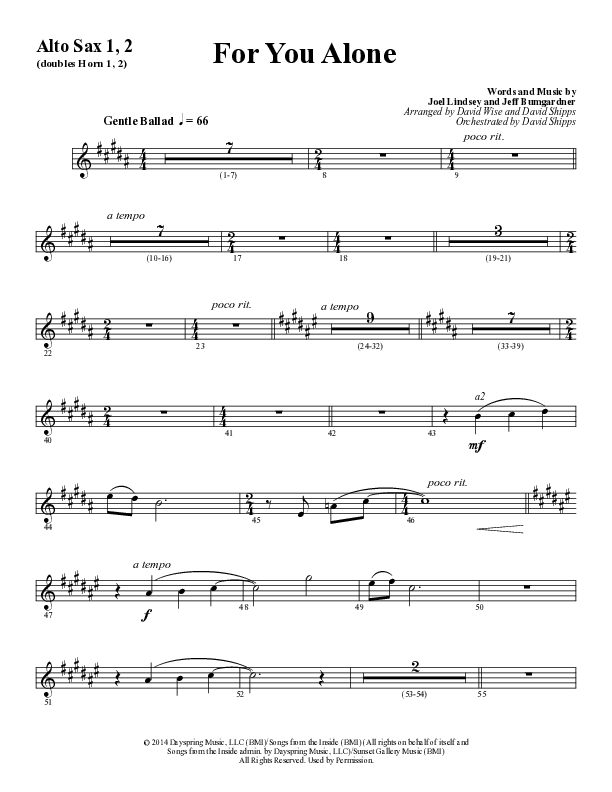 For You Alone (Choral Anthem SATB) Alto Sax 1/2 (Word Music Choral / Arr. David Wise / Arr. David Shipps)