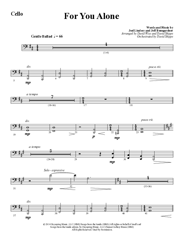 For You Alone (Choral Anthem SATB) Cello (Word Music Choral / Arr. David Wise / Arr. David Shipps)