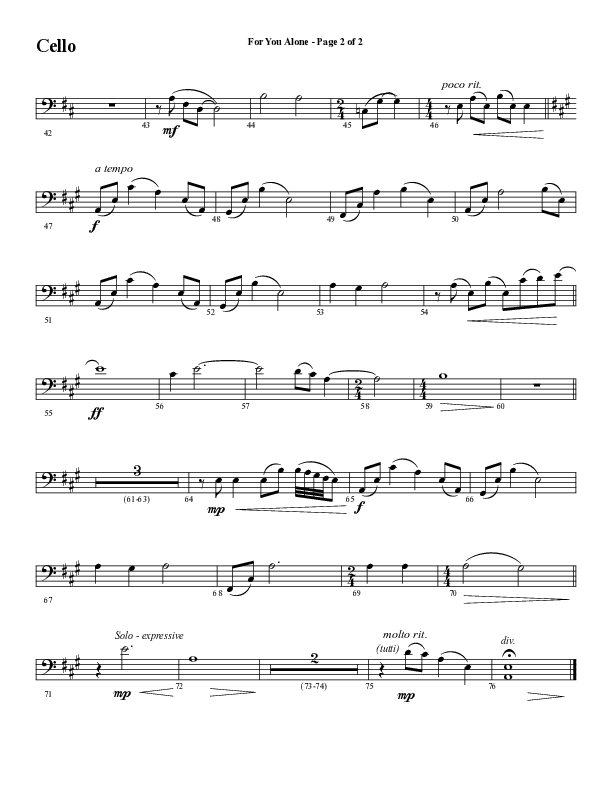 For You Alone (Choral Anthem SATB) Cello (Word Music Choral / Arr. David Wise / Arr. David Shipps)