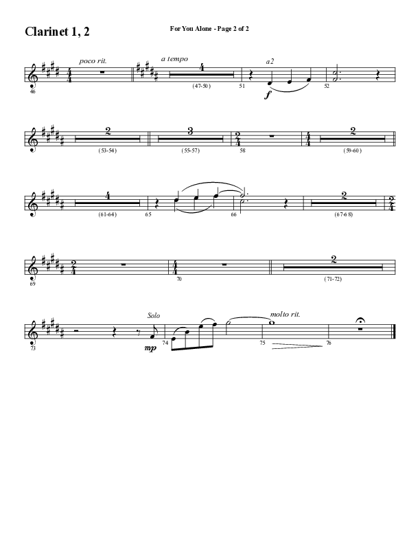 For You Alone (Choral Anthem SATB) Clarinet 1/2 (Word Music Choral / Arr. David Wise / Arr. David Shipps)