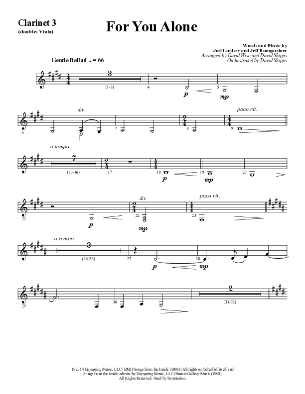 For You Alone (Choral Anthem SATB) Clarinet 3 (Word Music Choral / Arr. David Wise / Arr. David Shipps)
