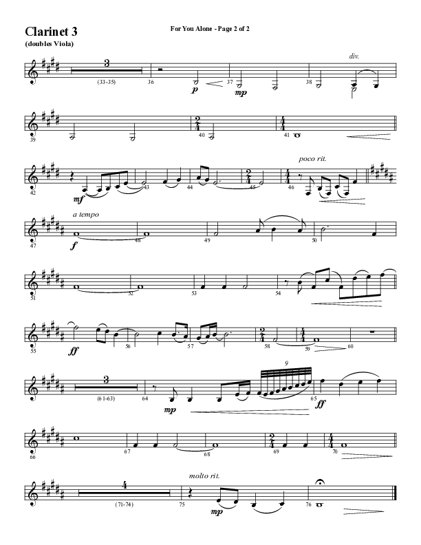 For You Alone (Choral Anthem SATB) Clarinet 3 (Word Music Choral / Arr. David Wise / Arr. David Shipps)