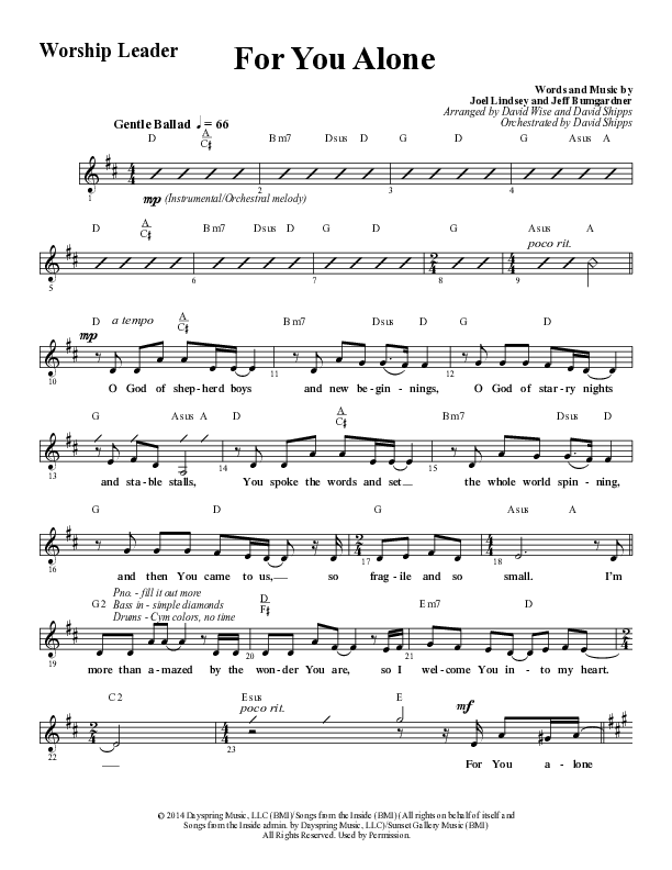 For You Alone (Choral Anthem SATB) Lead Sheet (Melody) (Word Music Choral / Arr. David Wise / Arr. David Shipps)