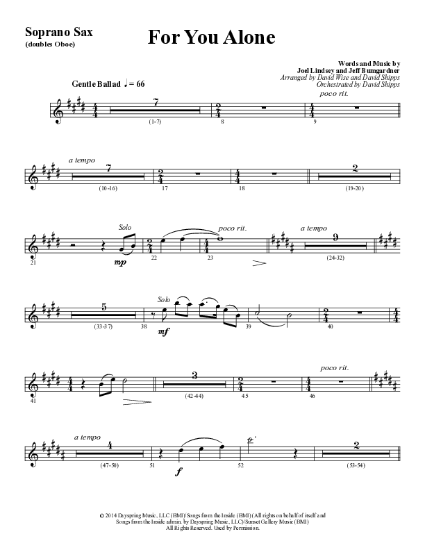 For You Alone (Choral Anthem SATB) Soprano Sax (Word Music Choral / Arr. David Wise / Arr. David Shipps)