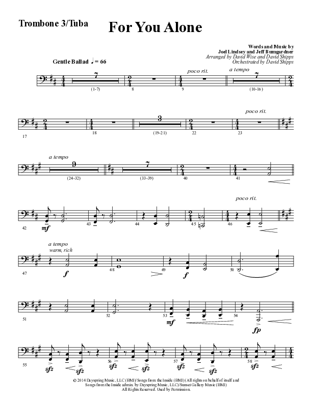 For You Alone (Choral Anthem SATB) Trombone 3/Tuba (Word Music Choral / Arr. David Wise / Arr. David Shipps)