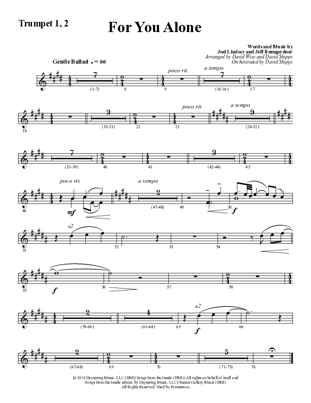 For You Alone (Choral Anthem SATB) Trumpet 1,2 (Word Music Choral / Arr. David Wise / Arr. David Shipps)