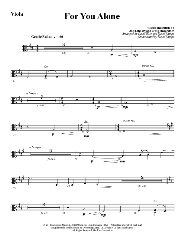 For You Alone (Choral Anthem SATB) Viola (Word Music Choral / Arr. David Wise / Arr. David Shipps)