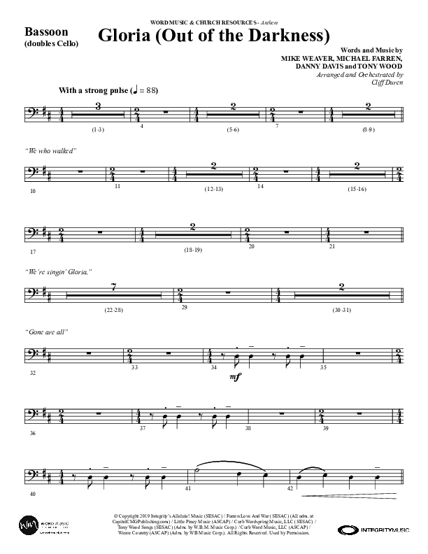 Gloria (Out Of The Darkness) (Choral Anthem SATB) Bassoon (Word Music Choral / Arr. Cliff Duren)