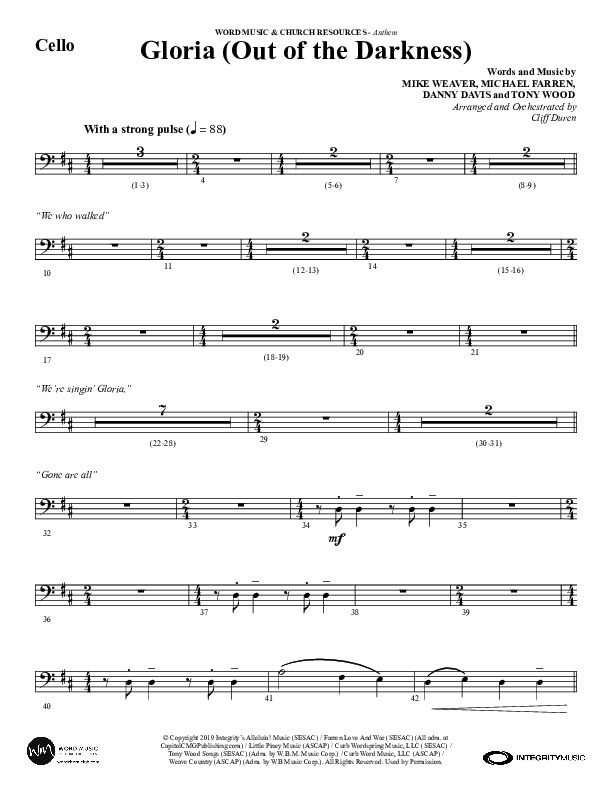 Gloria (Out Of The Darkness) (Choral Anthem SATB) Cello (Word Music Choral / Arr. Cliff Duren)