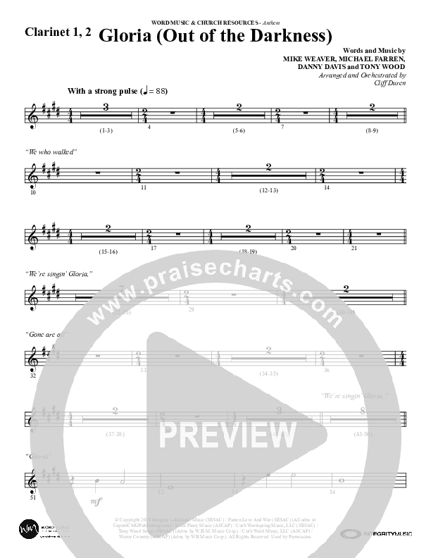 Gloria (Out Of The Darkness) (Choral Anthem SATB) Clarinet 1/2 (Word Music Choral / Arr. Cliff Duren)