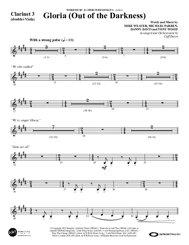 Gloria (Out Of The Darkness) (Choral Anthem SATB) Clarinet 3 (Word Music Choral / Arr. Cliff Duren)