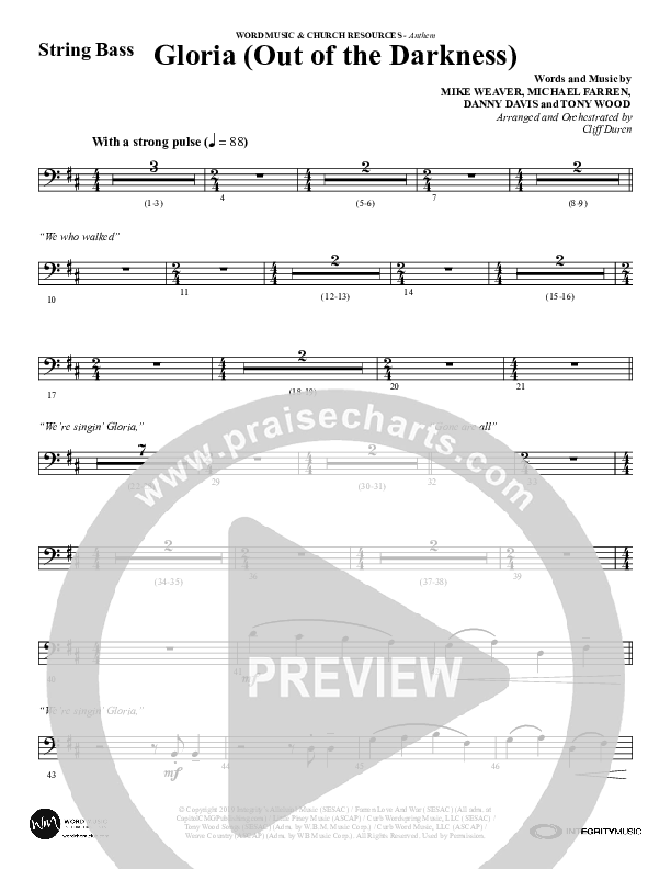 Gloria (Out Of The Darkness) (Choral Anthem SATB) Double Bass (Word Music Choral / Arr. Cliff Duren)
