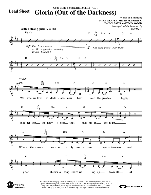 Gloria (Out Of The Darkness) (Choral Anthem SATB) Lead Sheet (Melody) (Word Music Choral / Arr. Cliff Duren)