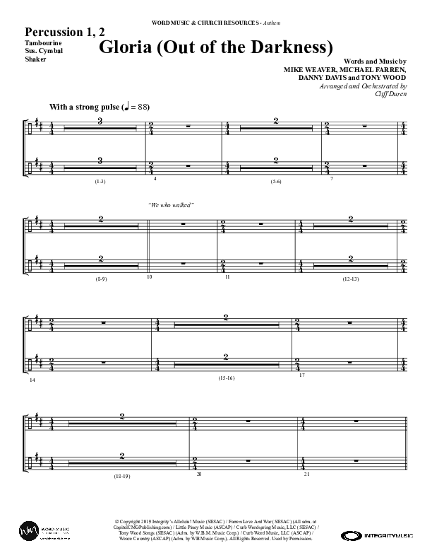 Gloria (Out Of The Darkness) (Choral Anthem SATB) Percussion 1/2 (Word Music Choral / Arr. Cliff Duren)