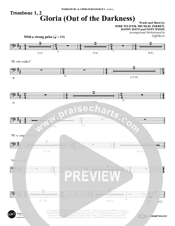 Gloria (Out Of The Darkness) (Choral Anthem SATB) Trombone 1/2 (Word Music Choral / Arr. Cliff Duren)