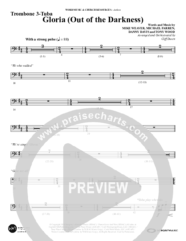 Gloria (Out Of The Darkness) (Choral Anthem SATB) Trombone 3/Tuba (Word Music Choral / Arr. Cliff Duren)