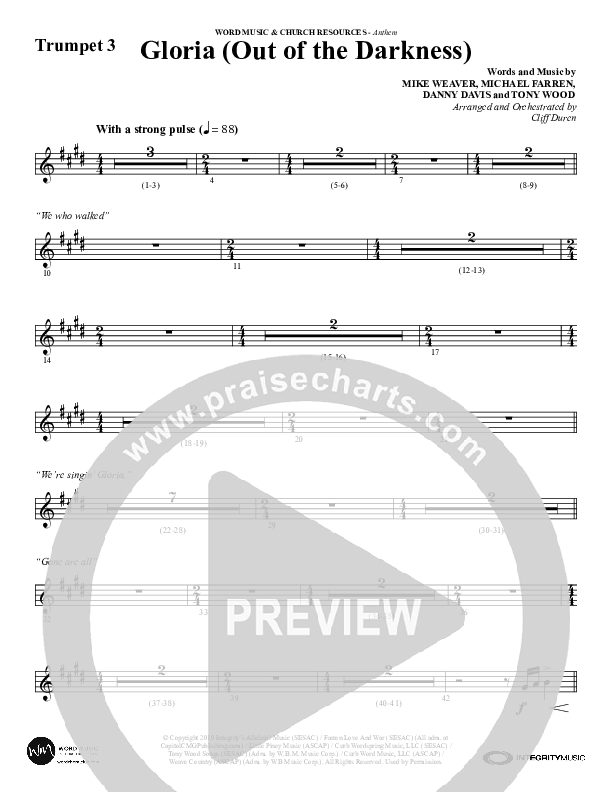 Gloria (Out Of The Darkness) (Choral Anthem SATB) Trumpet 3 (Word Music Choral / Arr. Cliff Duren)