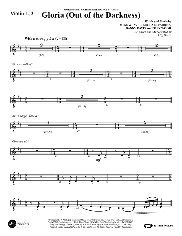 Gloria (Out Of The Darkness) (Choral Anthem SATB) Violin 1/2 (Word Music Choral / Arr. Cliff Duren)