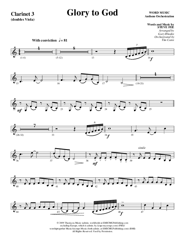 Glory To God Forever (Choral Anthem SATB) Clarinet 3 (Word Music Choral / Arr. Gary Rhodes / Orch. Tim Cates)