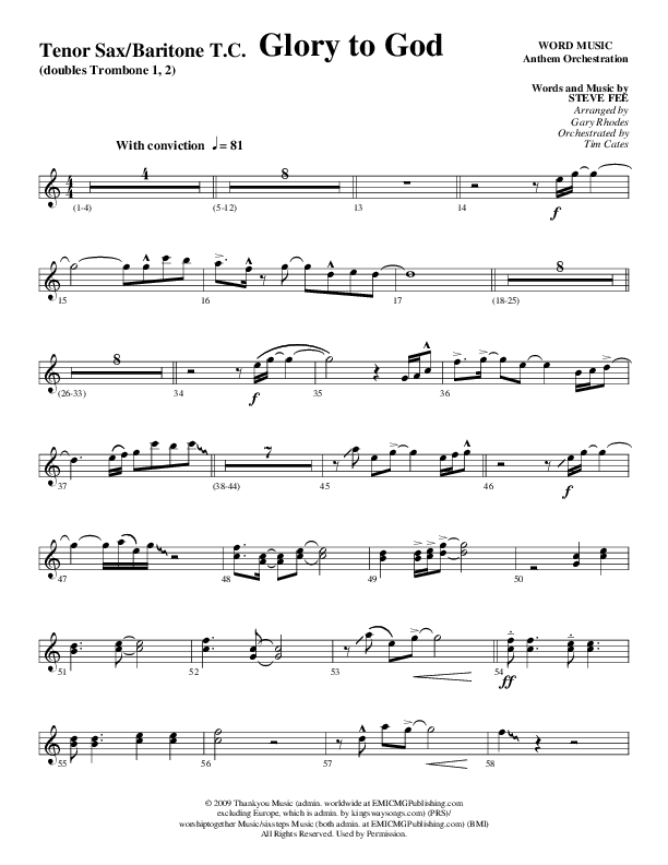 Glory To God Forever (Choral Anthem SATB) Tenor Sax/Baritone T.C. (Word Music Choral / Arr. Gary Rhodes / Orch. Tim Cates)