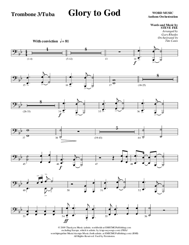 Glory To God Forever (Choral Anthem SATB) Trombone 3/Tuba (Word Music Choral / Arr. Gary Rhodes / Orch. Tim Cates)