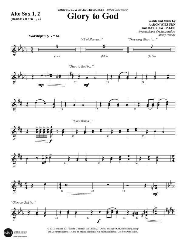 Glory To God (Choral Anthem SATB) Alto Sax 1/2 (Word Music Choral / Arr. Marty Hamby)