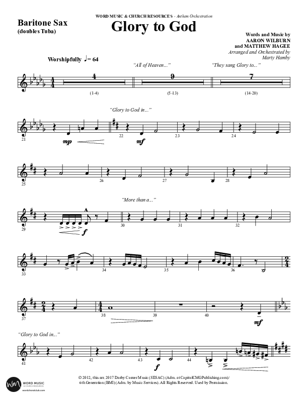Glory To God (Choral Anthem SATB) Bari Sax (Word Music Choral / Arr. Marty Hamby)