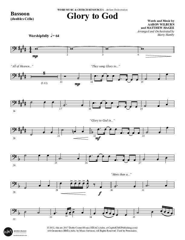 Glory To God (Choral Anthem SATB) Bassoon (Word Music Choral / Arr. Marty Hamby)