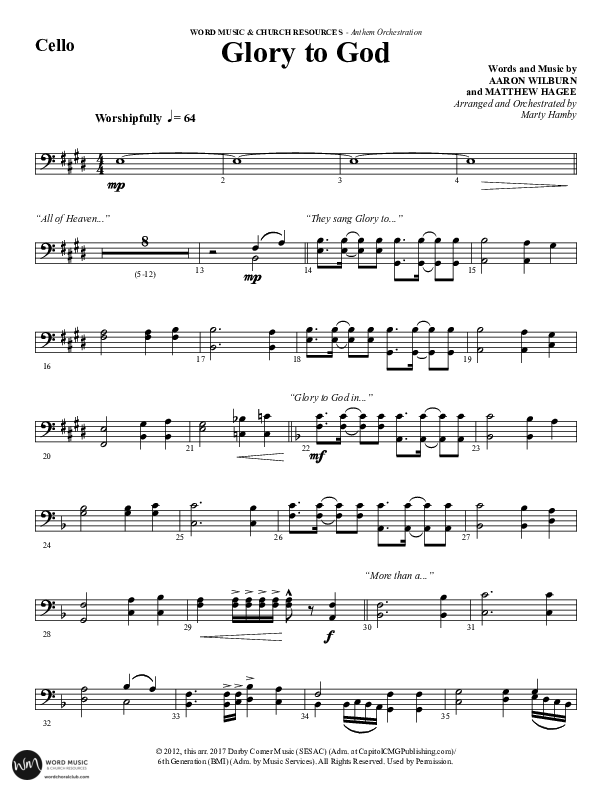 Glory To God (Choral Anthem SATB) Cello (Word Music Choral / Arr. Marty Hamby)
