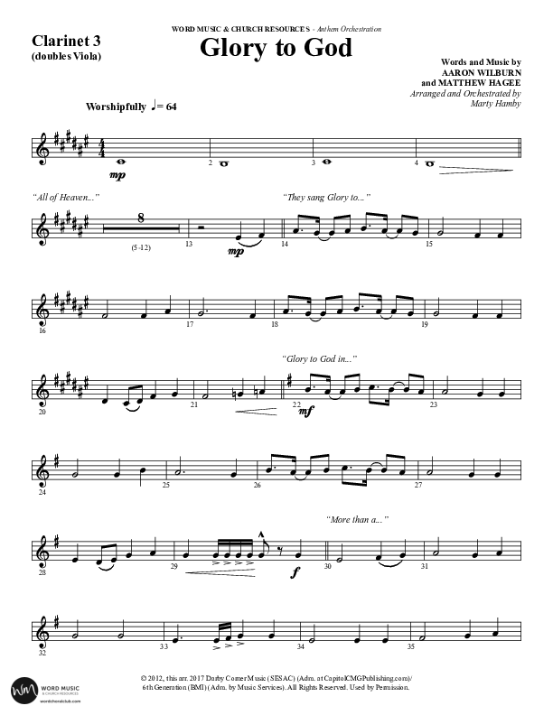 Glory To God (Choral Anthem SATB) Clarinet 3 (Word Music Choral / Arr. Marty Hamby)