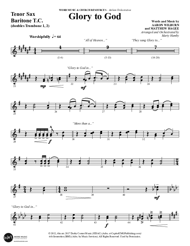 Glory To God (Choral Anthem SATB) Tenor Sax/Baritone T.C. (Word Music Choral / Arr. Marty Hamby)