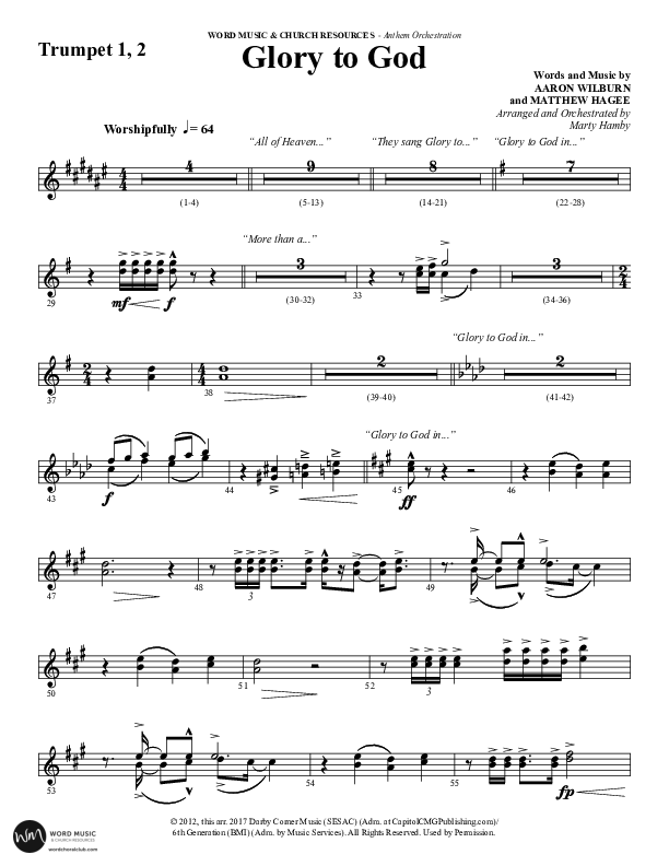 Glory To God (Choral Anthem SATB) Trumpet 1,2 (Word Music Choral / Arr. Marty Hamby)