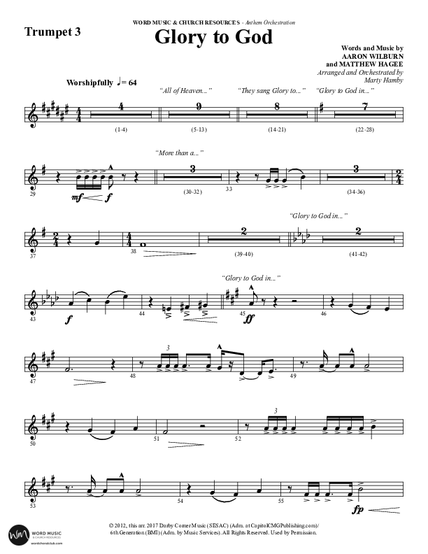 Glory To God (Choral Anthem SATB) Trumpet 3 (Word Music Choral / Arr. Marty Hamby)