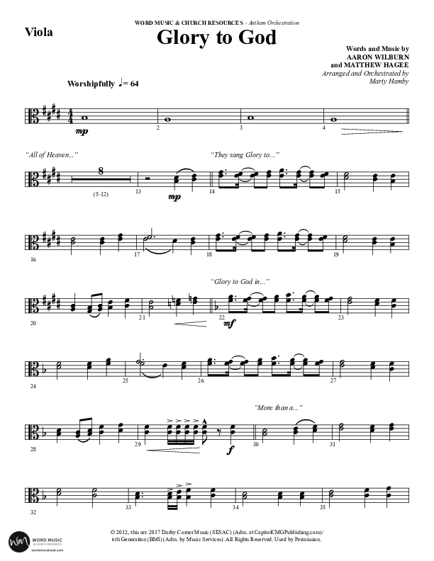 Glory To God (Choral Anthem SATB) Viola (Word Music Choral / Arr. Marty Hamby)