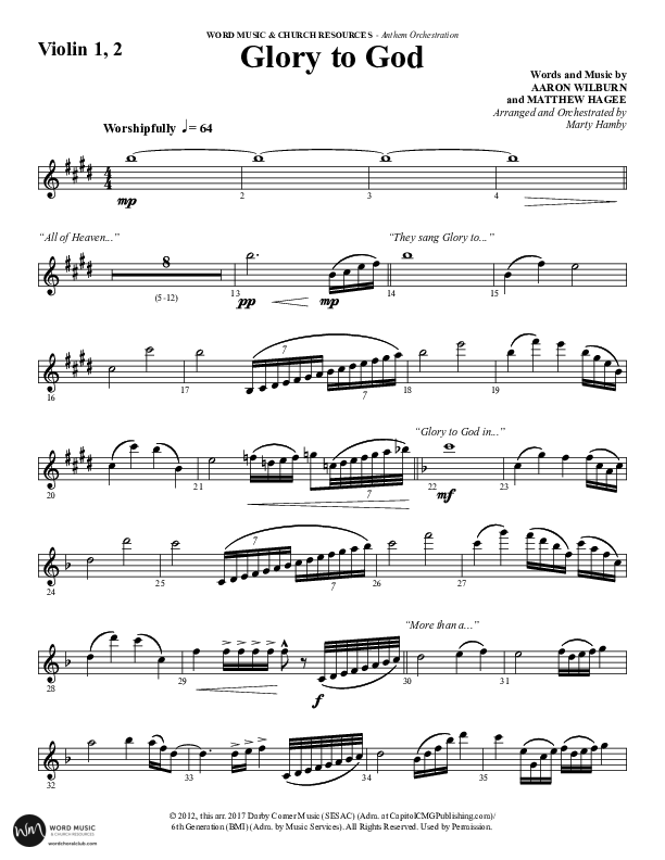 Glory To God (Choral Anthem SATB) Violin 1/2 (Word Music Choral / Arr. Marty Hamby)