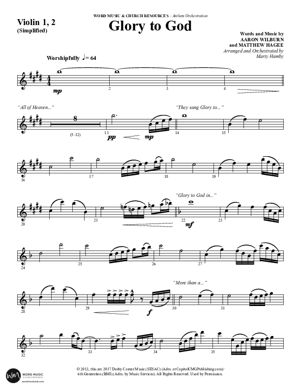 Glory To God (Choral Anthem SATB) Violin 1/2 (Word Music Choral / Arr. Marty Hamby)