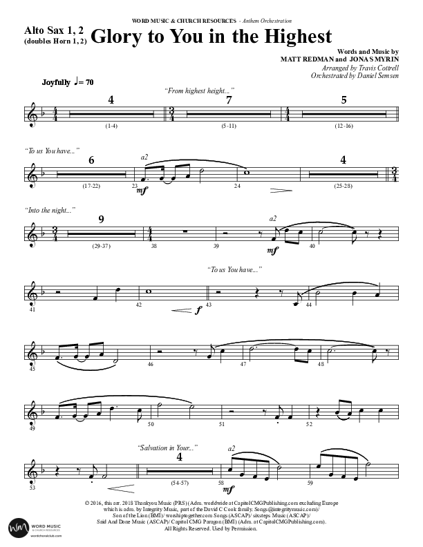 Glory To You In The Highest (O Come Let Us Adore) (Choral Anthem SATB) Alto Sax 1/2 (Word Music Choral / Arr. Travis Cottrell)