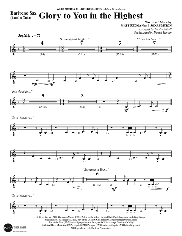 Glory To You In The Highest (O Come Let Us Adore) (Choral Anthem SATB) Bari Sax (Word Music Choral / Arr. Travis Cottrell)