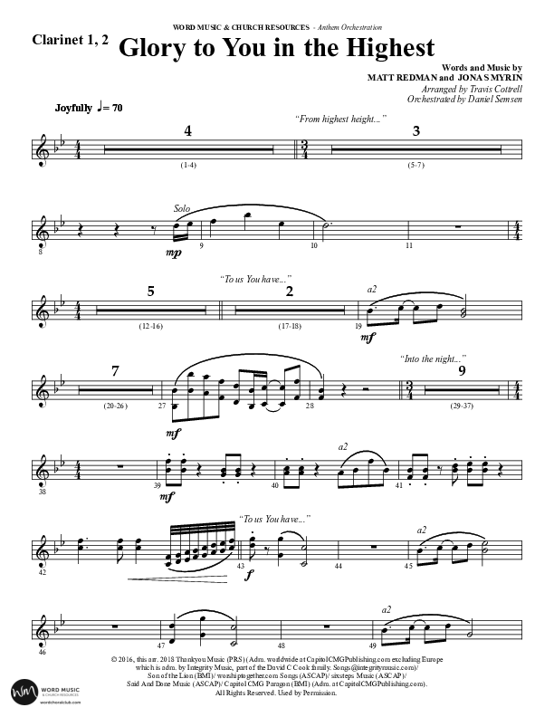 Glory To You In The Highest (O Come Let Us Adore) (Choral Anthem SATB) Clarinet 1/2 (Word Music Choral / Arr. Travis Cottrell)