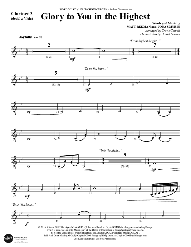 Glory To You In The Highest (O Come Let Us Adore) (Choral Anthem SATB) Clarinet 3 (Word Music Choral / Arr. Travis Cottrell)
