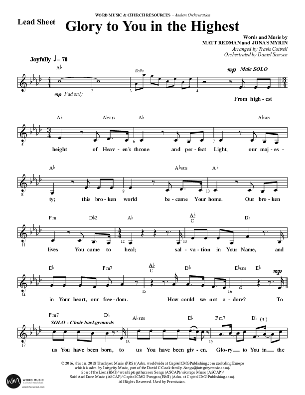 Glory To You In The Highest (O Come Let Us Adore) (Choral Anthem SATB) Lead Sheet (Melody) (Word Music Choral / Arr. Travis Cottrell)