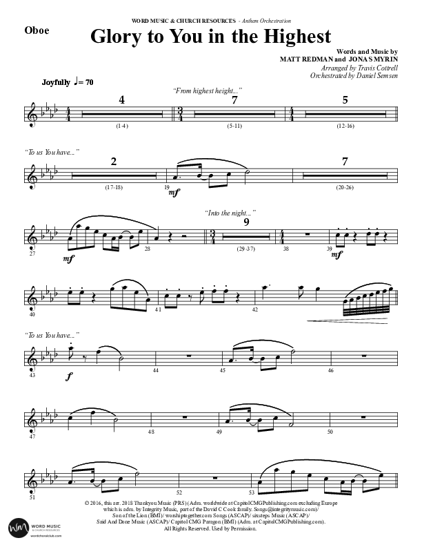Glory To You In The Highest (O Come Let Us Adore) (Choral Anthem SATB) Oboe (Word Music Choral / Arr. Travis Cottrell)
