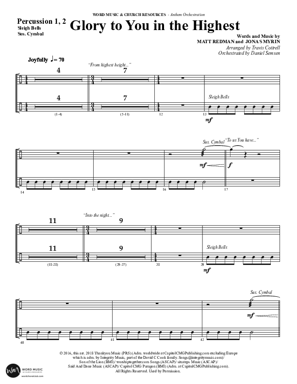 Glory To You In The Highest (O Come Let Us Adore) (Choral Anthem SATB) Percussion 1/2 (Word Music Choral / Arr. Travis Cottrell)