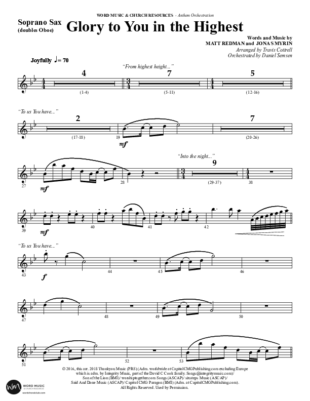 Glory To You In The Highest (O Come Let Us Adore) (Choral Anthem SATB) Soprano Sax (Word Music Choral / Arr. Travis Cottrell)