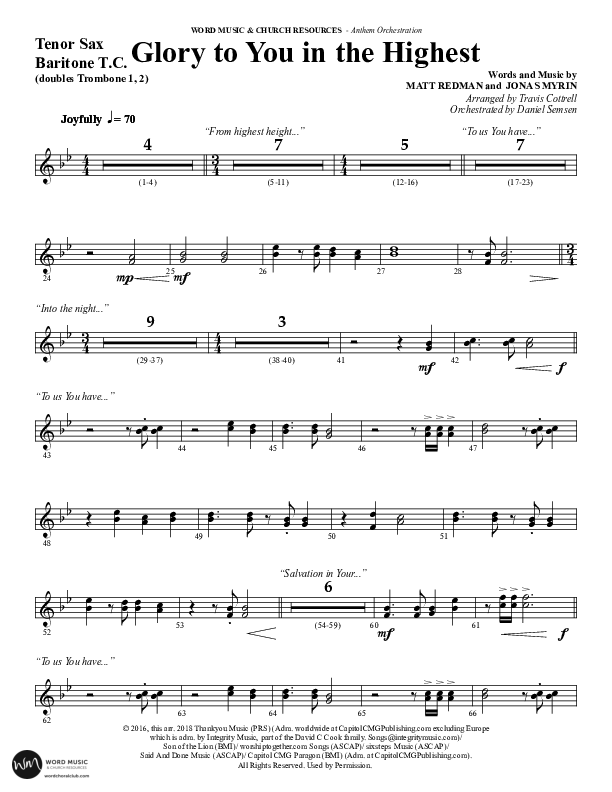 Glory To You In The Highest (O Come Let Us Adore) (Choral Anthem SATB) Tenor Sax/Baritone T.C. (Word Music Choral / Arr. Travis Cottrell)